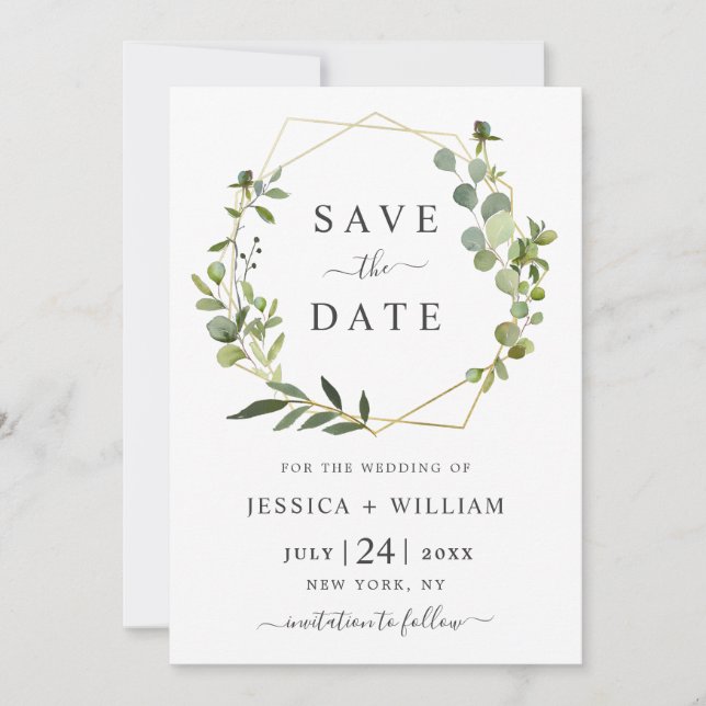 Moderne Eukalyptus-Floral Geometric-Rahmen-Hochzei Save The Date (Vorderseite)