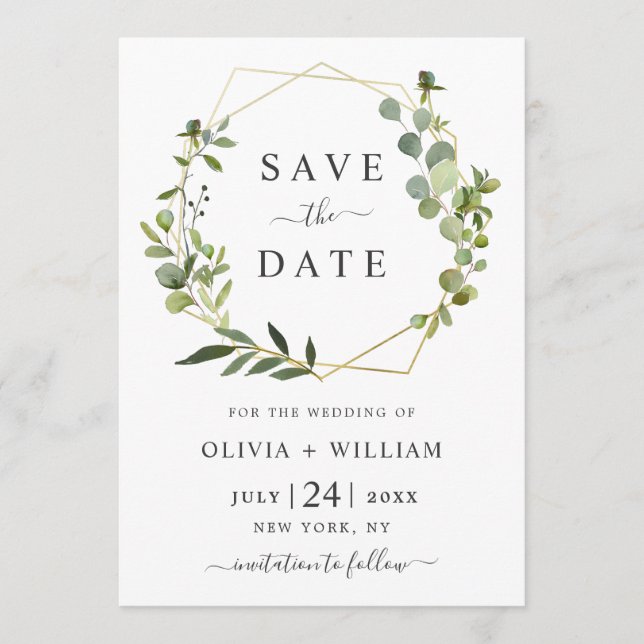 Moderne Eukalyptus-Floral Geometric-Rahmen-Hochzei Save The Date (Vorderseite)