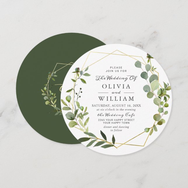 Moderne Eukalyptus Foliage Geometric Frame Wedding Einladung (Vorne/Hinten)