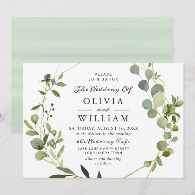 Moderne Eukalyptus Foliage Geometric Frame Wedding Einladung (Vorne/Hinten)