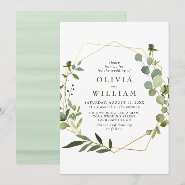 Moderne Eukalyptus Foliage Geometric Frame Wedding Einladung (Vorne/Hinten)
