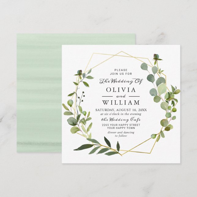 Moderne Eukalyptus Foliage Geometric Frame Wedding Einladung (Vorne/Hinten)