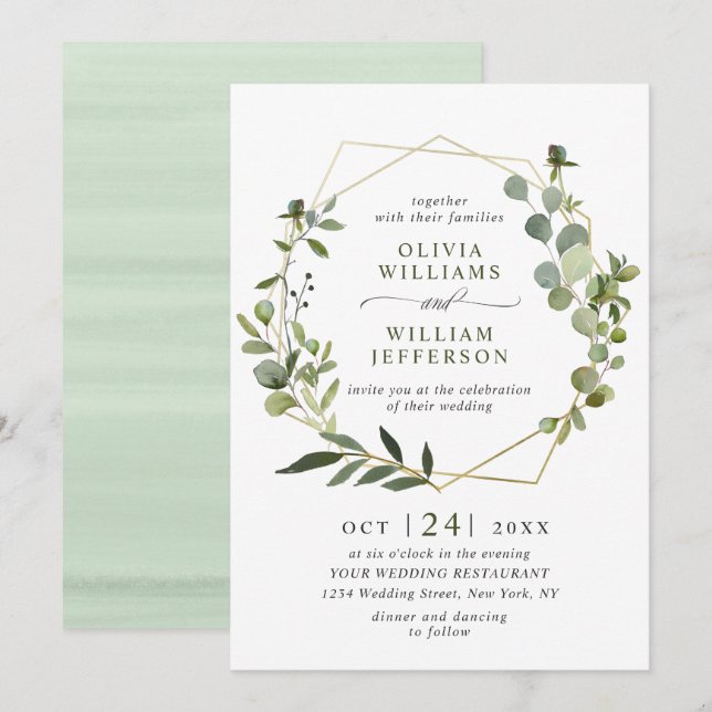 Moderne Eukalyptus Foliage Geometric Frame Wedding Einladung (Vorne/Hinten)