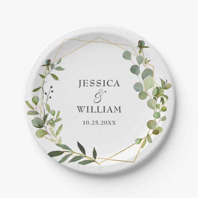 Moderne Eukalyptus Foliage Geometric Frame Wedding Pappteller (Vorderseite)