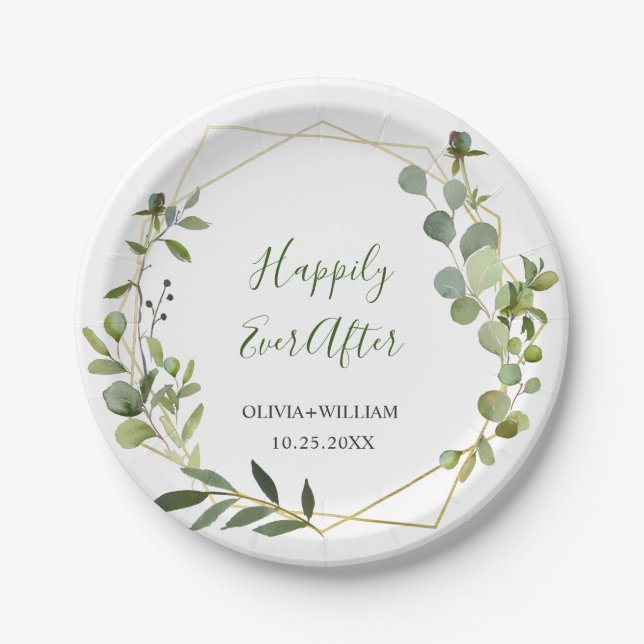Moderne Eukalyptus Foliage Geometric Frame Wedding Pappteller (Vorderseite)