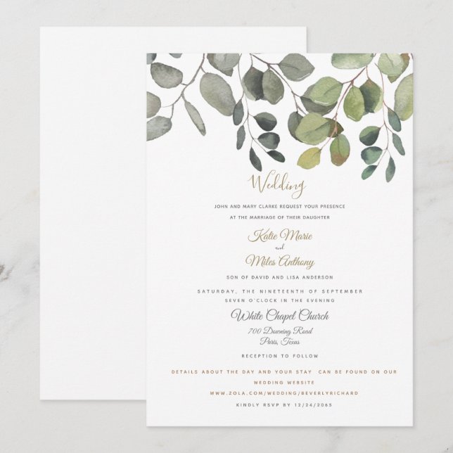 Moderne Eukalyptus Foliage Website Wedding White Einladung (Vorne/Hinten)