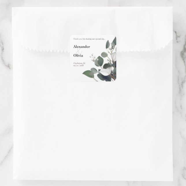 Moderne Eukalyptus-Gastgeschenk Hochzeit Quadratischer Aufkleber (Tasche)