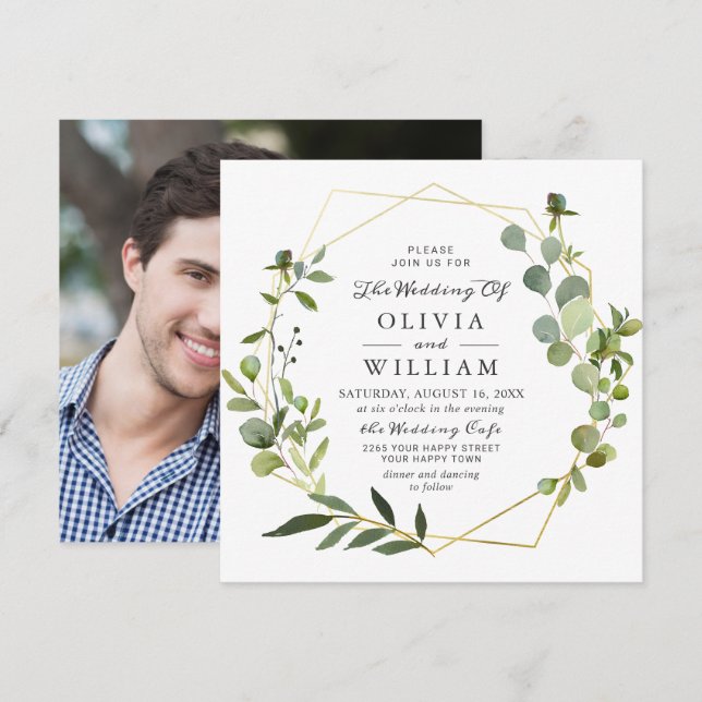 Moderne Eukalyptus Geometric Frame FOTO Hochzeit Einladung (Vorne/Hinten)