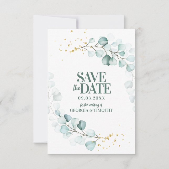 Moderne Eukalyptus-Gold-Glitzern Save The Date (Vorderseite)