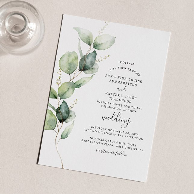 Moderne Eukalyptus Greenerage Foliage Wedding Einladung (Watercolor Eucalyptus Greenery Wedding Invitation)