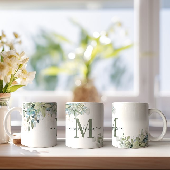 Moderne Eukalyptus Greenery Floral Monogram Kaffeetasse (Pretty Eucalyptus Greenery Monogram Mug)