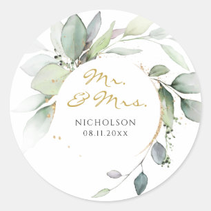 Moderne Eukalyptus-Grün Gold Mr. & Mrs. Klassisch Runder Aufkleber