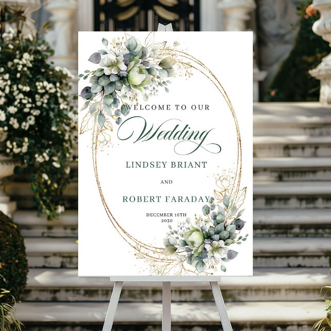 Moderne Eukalyptus-Grün-Hochzeits-Willkommensschil Poster (Modern Eucalyptus Greenery Wedding Welcome Sign)