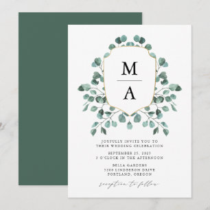 Moderne Eukalyptus-Grün-Monogramm-Hochzeit Einladung