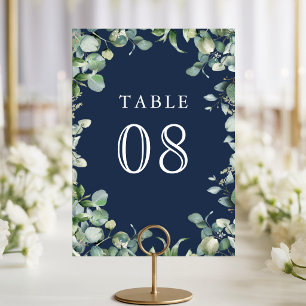 Moderne Eukalyptus-Grünpflanzen Navyblaue Hochzeit Tischnummer