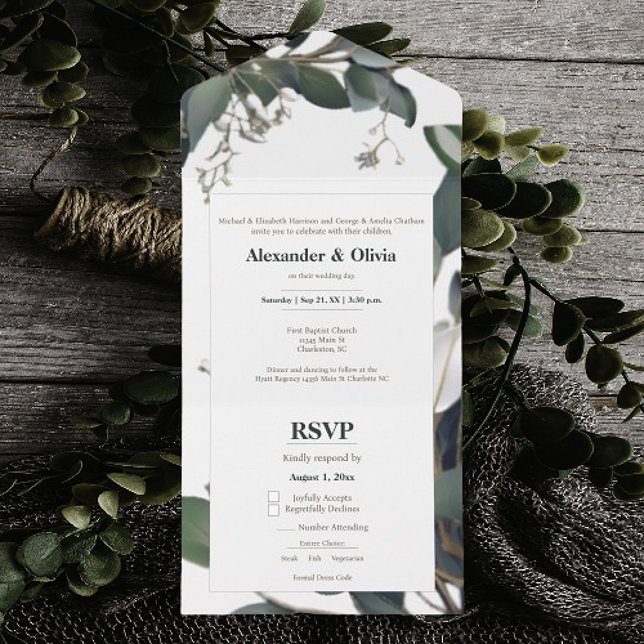 Moderne Eukalyptus-Hochzeit All In One Einladung (Modern Eucalyptus Wedding All in One Invitation)