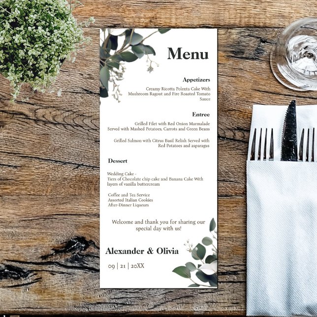 Moderne Eukalyptus-Hochzeit Menükarte (Modern Eucalyptus Wedding Menu)