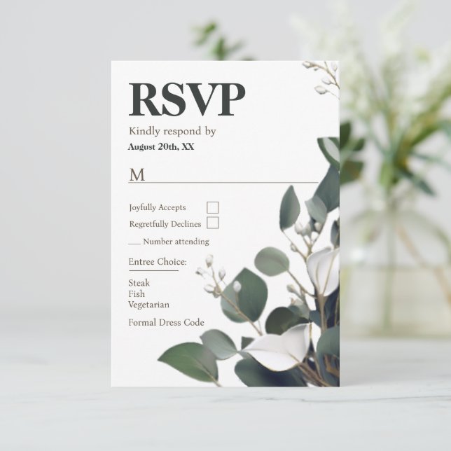 Moderne Eukalyptus-Hochzeit RSVP Karte (Stehend Vorderseite)