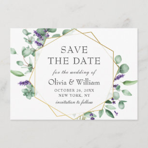 Moderne Eukalyptus-Lavendel-Blumen-Foto-Hochzeit Save The Date