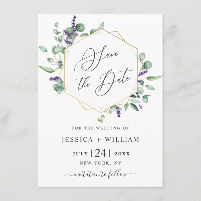 Moderne Eukalyptus-Lavendel-Foliage Save The Date (Vorderseite)