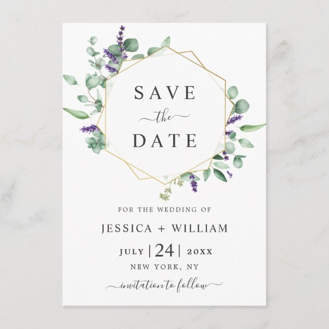 Moderne Eukalyptus Lavender Foliage FOTO Wedding Save The Date (Vorderseite)