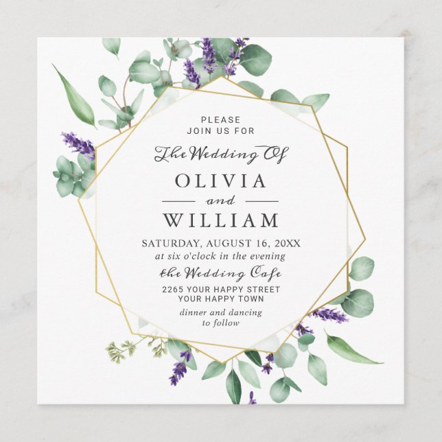 Moderne Eukalyptus Lavender Geometric Frame Weddin Einladung (Vorderseite)