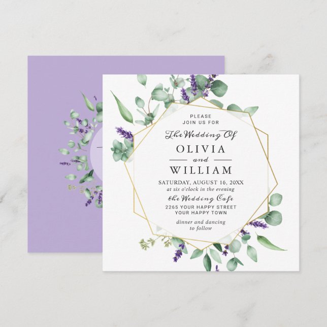 Moderne Eukalyptus Lavender Geometric Frame Weddin Einladung (Vorne/Hinten)