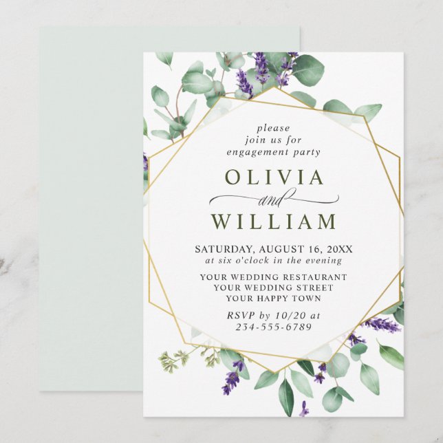Moderne Eukalyptus Lavender Geometric Frame Weddin Einladung (Vorne/Hinten)