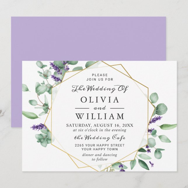 Moderne Eukalyptus Lavender Geometric Frame Weddin Einladung (Vorne/Hinten)