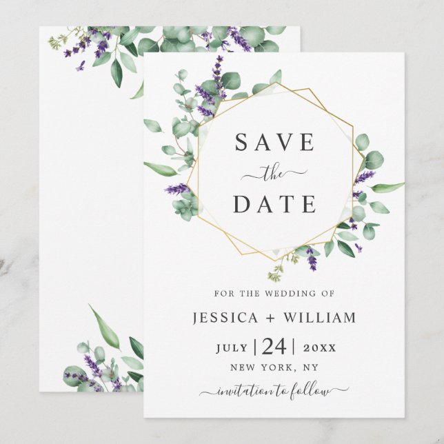 Moderne Eukalyptus Lavender Geometric Frame Weddin Save The Date (Vorne/Hinten)