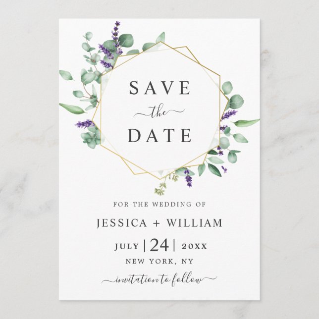 Moderne Eukalyptus Lavender Geometric Frame Weddin Save The Date (Vorderseite)