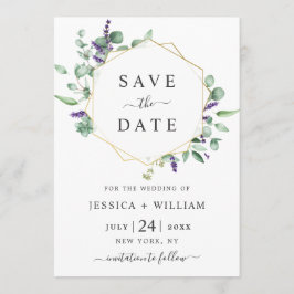 Moderne Eukalyptus Lavender Geometric Frame Weddin Save The Date
