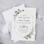 moderne Eukalyptus-Rahmenhochzeit Einladung<br><div class="desc">Grünes Thema mit Aquarell eucalyptus foliage und einem modernen goldenen geometrischen Rahmen. Der Text und die Farben können personalisiert sein,  um Ihrem Hochzeitstil zu entsprechen.</div>