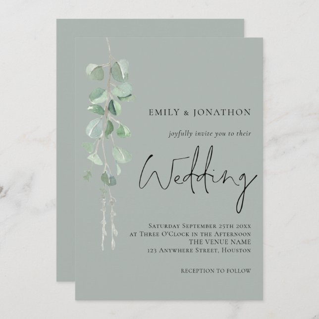Moderne Eukalyptus Script Sage Green Wedding Einladung (Vorne/Hinten)