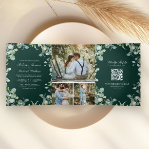 Moderne Eukalyptus-Smaragdgrüne QR-Code-Hochzeit Dreifach Gefaltete Einladung