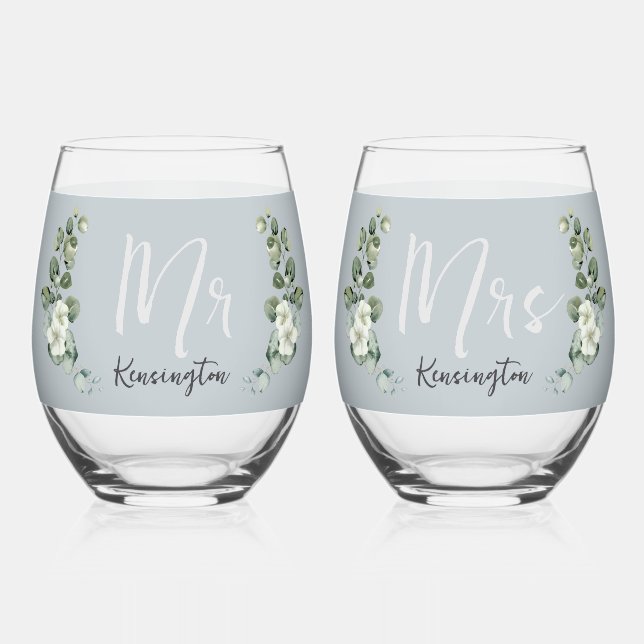 Moderne Eukalyptus-Stemless-Hochzeitbrille Weinglas Ohne Stiel (Vorderseite)