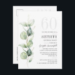 Moderne Eukalyptus Watercolor Blätter 60. Geburtst Einladungspostkarte<br><div class="desc">Es könnte überraschen,  Party oder ein weiteres besonderes Jahrzehnt erreicht. Diese 60. Geburtstagsfeier mit eukalyptusgrünem Design und moderner beliebter Typografie kann leicht zu jedem Geburtstag oder Jubiläumsfest zum Anzug gebracht werden. Sie können den Wortlaut,  die Geburtstagsdetails und die Hintergrundfarbe ändern,  indem Sie auf die Schaltfläche "Personalisieren" klicken</div>