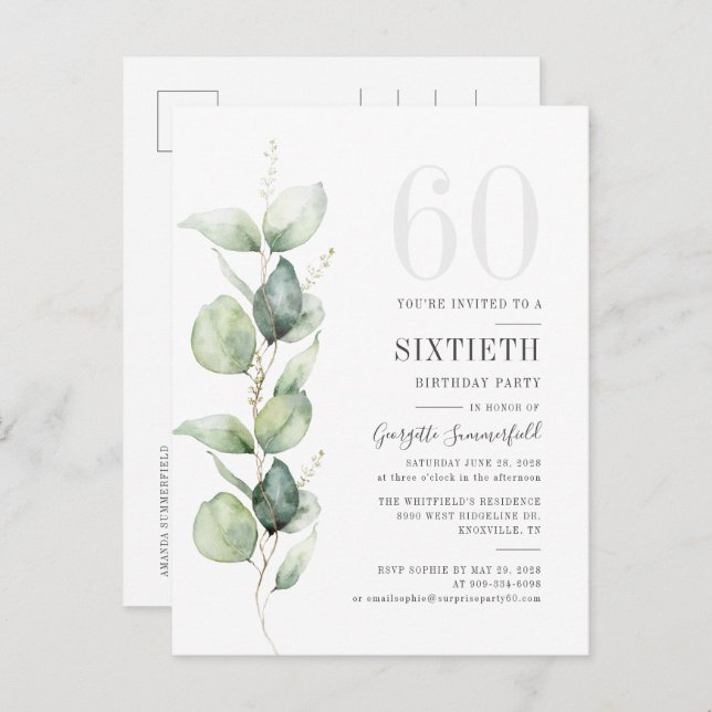 Moderne Eukalyptus Watercolor Blätter 60. Geburtst Einladungspostkarte (Vorne/Hinten)