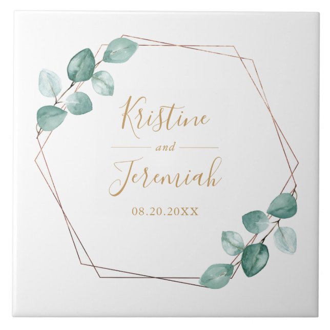 Moderne Eukalyptus Watercolor Gold Script Wedding Fliese (Vorderseite)
