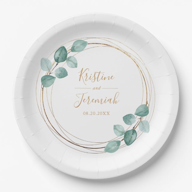 Moderne Eukalyptus Watercolor Gold Script Wedding Pappteller (Vorderseite)