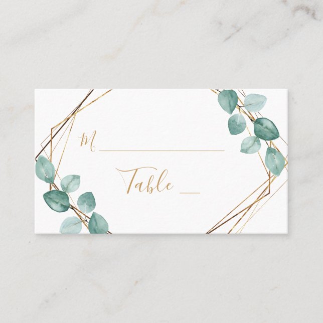 Moderne Eukalyptus Watercolor Gold Script Wedding Platzkarte (Vorderseite)