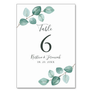 Moderne Eukalyptus Watercolor Schwarze Skriptereie Tischnummer