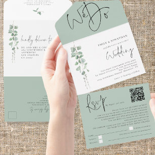 Moderne Eukalyptus wir machen QR-Code Hochzeit All In One Einladung