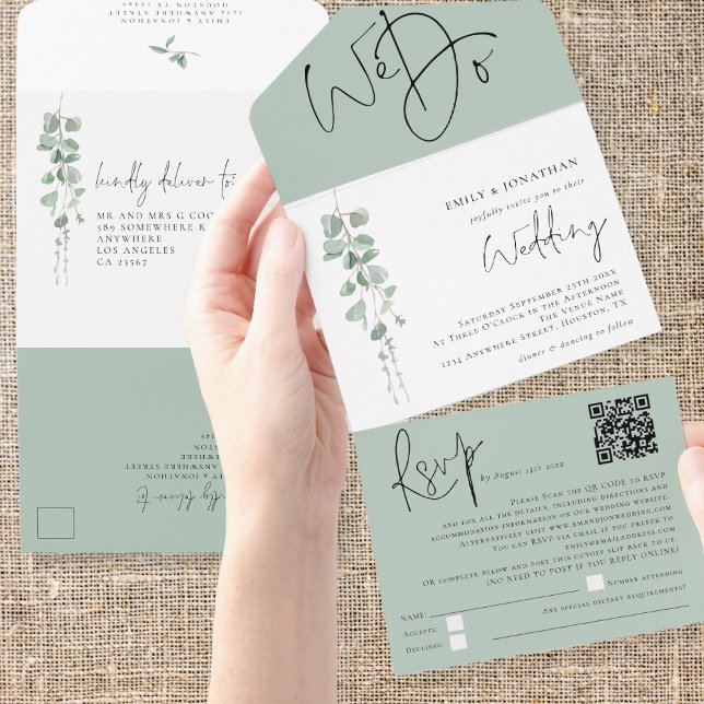 Moderne Eukalyptus wir machen QR-Code Hochzeit All In One Einladung (Convenient all in one invitation and rsvp.)