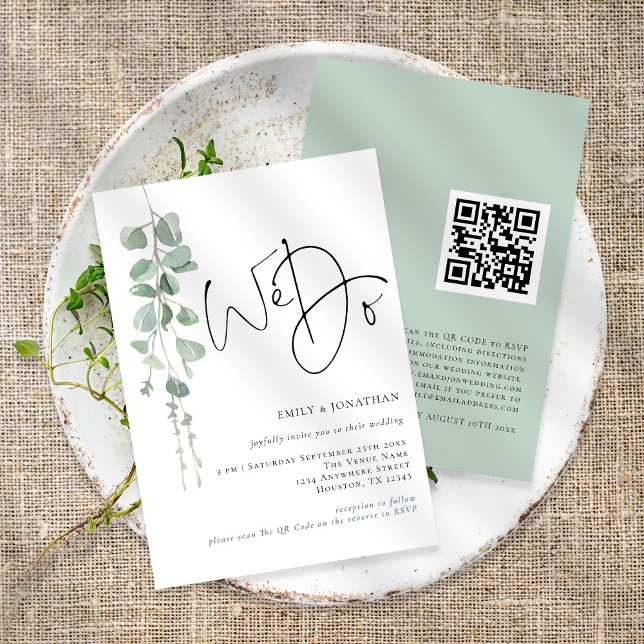 Moderne Eukalyptus wir machen QR-Code Hochzeit Einladung (Front and back view)