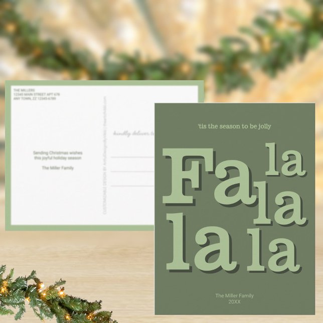 Moderne Fa La Green Einfache Weihnachtszeit Postkarte (Personalize your own Christmas postcards in sage green)