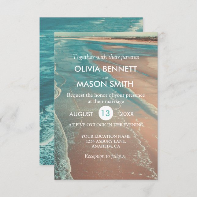 Moderne Fade Tropical Beach Sea Wedding Card Einladung (Vorne/Hinten)