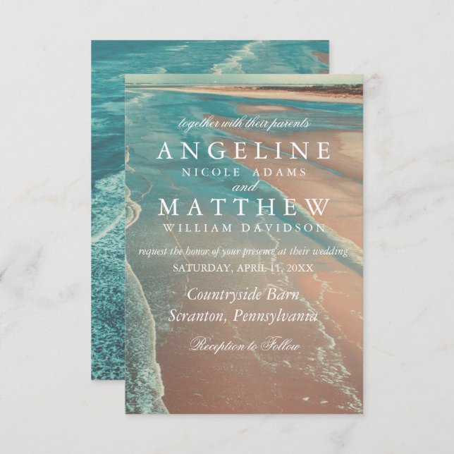 Moderne Fade Tropical Beach Sea Wedding Card Einladung (Vorne/Hinten)