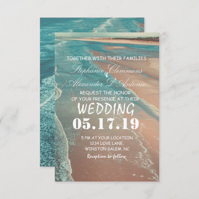 Moderne Fade Tropical Beach Sea Wedding Card Einladung (Vorne/Hinten)
