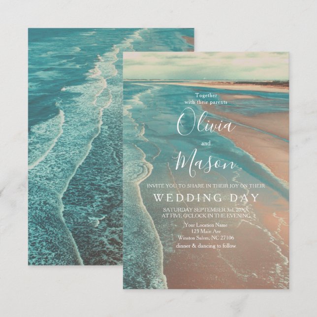 Moderne Fade Tropical Beach Sea Wedding Card Einladung (Vorne/Hinten)
